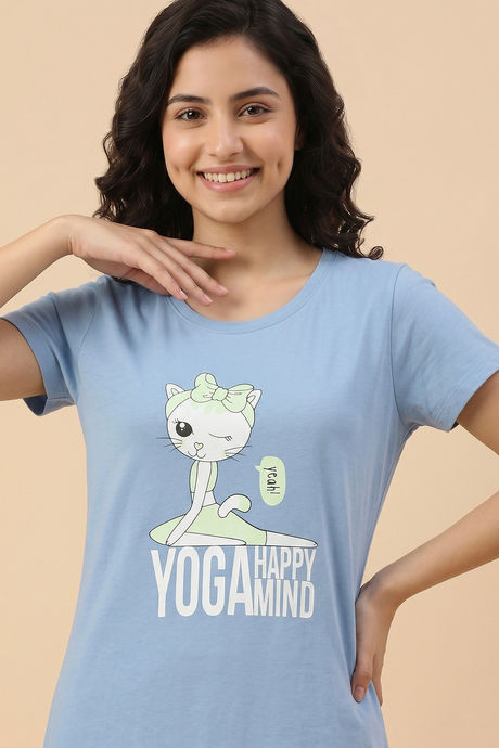 Zivame Farm Lore Knit Cotton Knee Length Nightdress With In Built Slip On Bra - Glaciar Lake — image 3